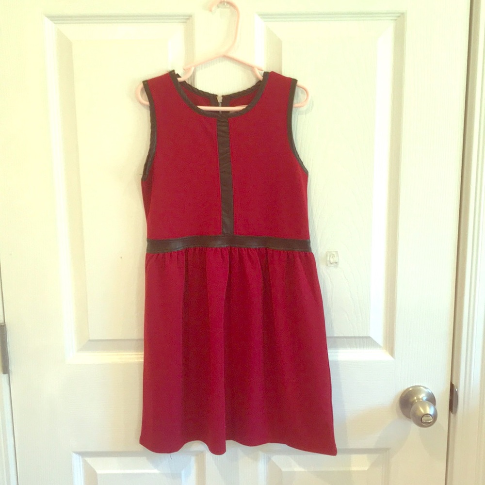 Maroon & Faux Leather Trim Dress, Girls 6